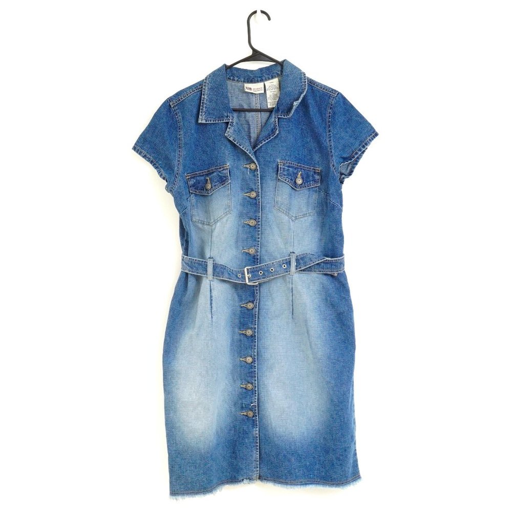 SALE Vintage Y2k Short Sleeve Button Down Sandblasted Denim Dress Large